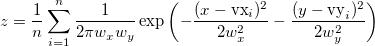 z= \frac{1}{n} \sum_{i=1}^{n} \frac{1}{ 2\pi w_x w_y } \exp \left(-\frac{(x-\text{vx}_i)^2}{2w_x ^2} - \frac{(y-\text{vy}_i)^2}{2w_y^2} \right)