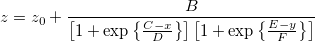 z=z_0+\frac B{\left[ 1+\exp \left\{ \frac{C-x}D\right\} \right] \big[ 1+\exp \big\{ \frac{E-y}F\big\} \big] }