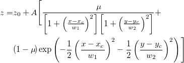 \begin{aligned}z=&z_0+A\Bigg[\frac{\mu\!}{\left[1+\left(\frac{x-x_c}{w_1}\right)^2\right]\left[1+\left(\frac{y-y_c}{w_2}\right)^2\right]} +\\ &(1-\mu\!)\exp\left(-\frac{1}{2}\left(\frac{x-x_c}{w_1}\right)^2-\frac{1}{2}\left(\frac{y-y_c}{w_2}\right)^2\right)\Bigg]\end{aligned}