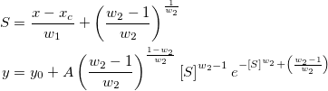 \begin{aligned}S&=\frac{x-x_c}{w_1}+\left( \frac{w_2-1}{w_2}\right) ^{\frac 1{w_2}}\\ y&=y_0+A\left( \frac{w_2-1}{w_2}\right) ^{\frac{1-w_2}{w_2}}\left[ S\right] ^{w_2-1}e^{-\left[ S\right] ^{w_2}+\left( \frac{w_2-1}{w_2}\right) }\end{aligned}