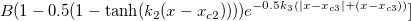 B(1-0.5(1-\tanh (k_2(x-x_{c2}))))e^{-0.5k_3(|x-x_{c3}|+(x-x_{c3}))}]