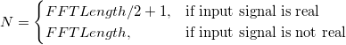 N= \begin{cases} FFTLength/2+1, & \mbox{if input signal is real} \ FFTLength, & \mbox{if input signal is not real} \end{cases}
