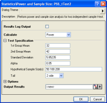 Power and Sample Size for two-sample t-test interface