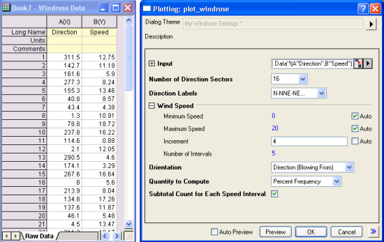 Dialog Controls for Binning Direction and Speed Data